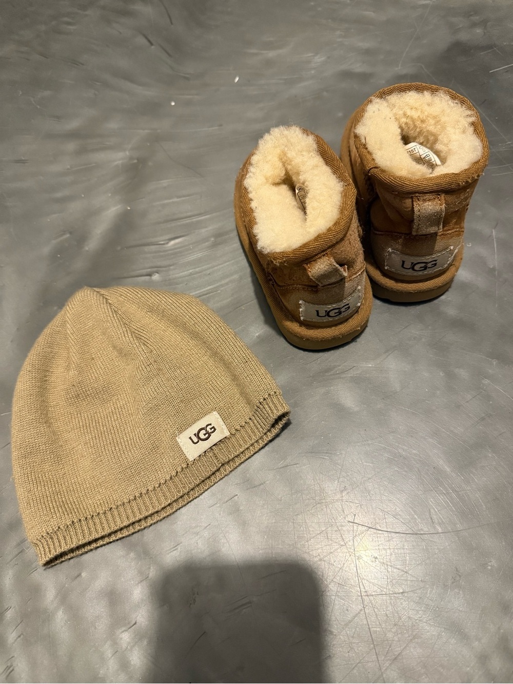 UGG Kids Tan Beanie and Shearling Boot Set